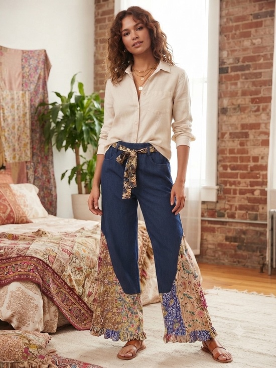 Young Threads Pants - Young Threads Mixed Print Denim Wide-Leg Pants — Size M (NWT)
